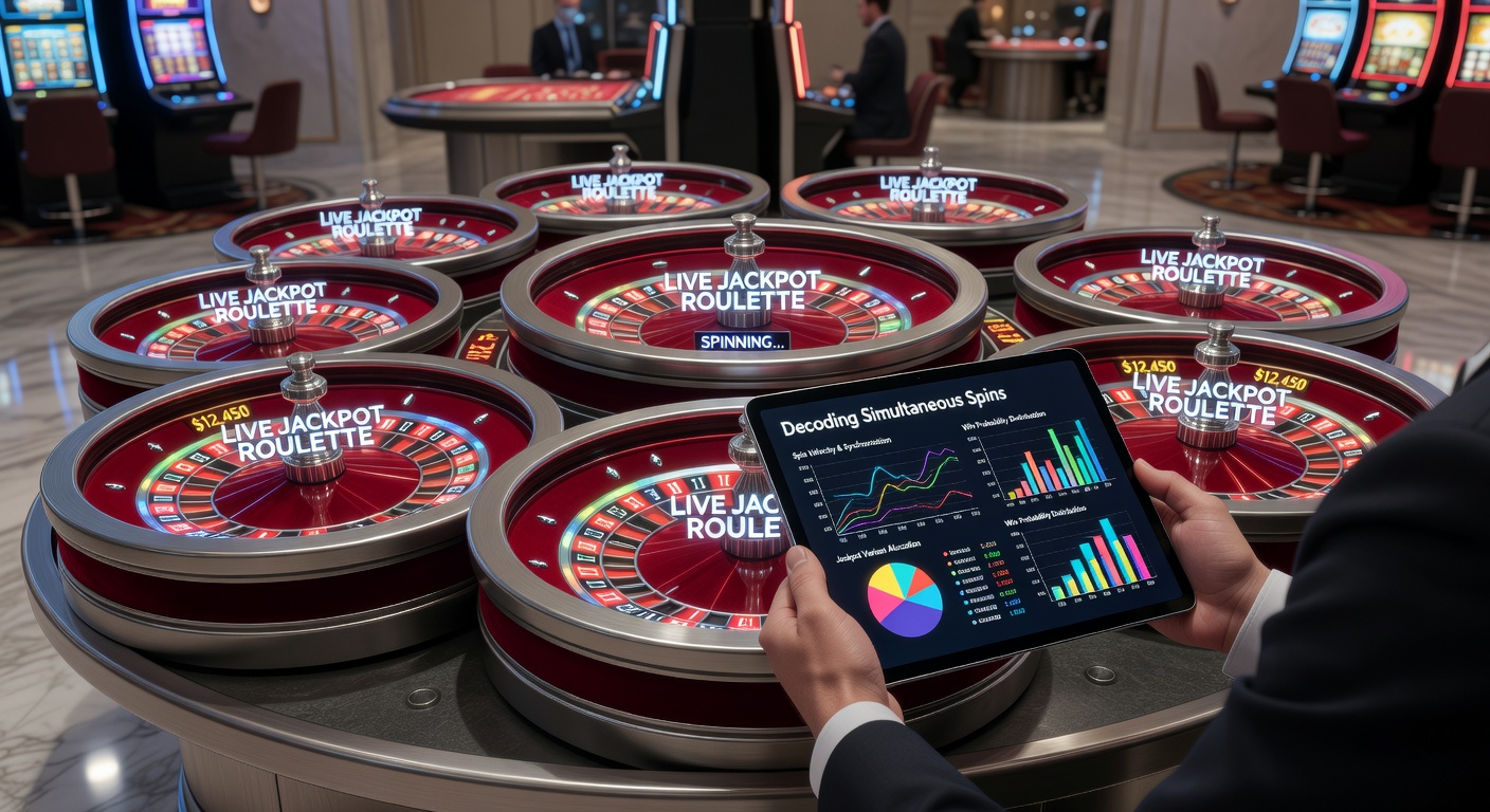 Mehrere Roulette-Räder drehen sich synchron in einem Live-Casino-Stream, beleuchtet von Jackpot-Anzeigen und dynamischen Lichtern