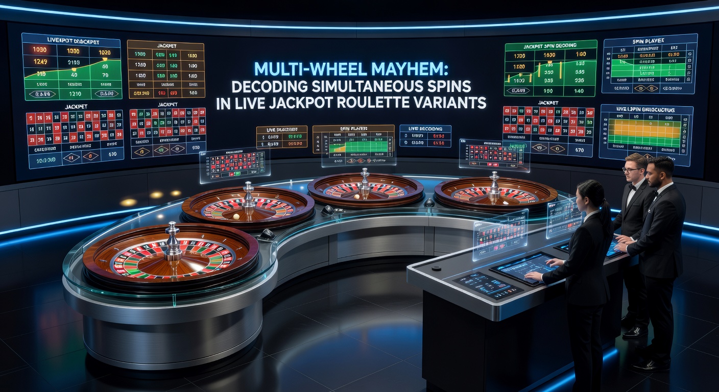 Nahaufnahme eines Live-Dealers, der mehrere Jackpot-Roulette-Räder startet, mit aufblinkenden Bildschirmen und Zuschauer-Interaktion