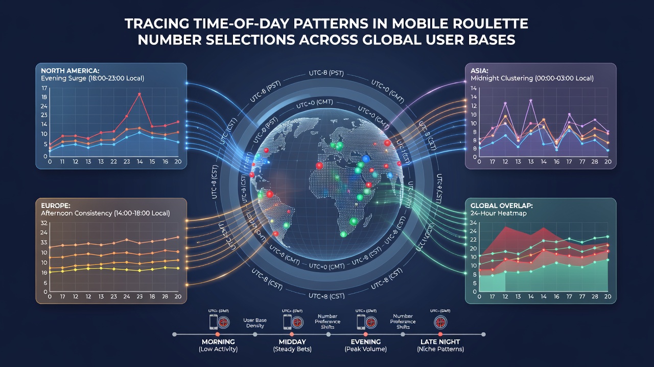 Grafische Auswertung von Roulette-Zahlenpräferenzen nach Tageszeiten mit farbcodierten Heatmaps für globale Regionen